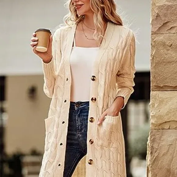 Long Sleeve Cable Knit Chunky Cardigan Open Front Button Sweater with Pockets - Picture 3 of 8